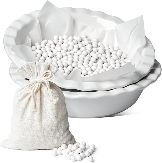 LE TAUCI Ceramic Pie Dish and Pie Weights Set, 9 Inches Deep Pie Pans for Baking, 52 OZ Round Fluted Pie Plates for Apple Pie, Quiche, Pot Pies, Tart – Set of 2, Classic White