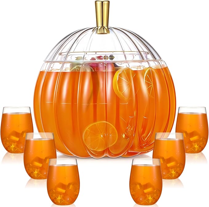 Meanplan 1.3 Gallon Thanksgiving Plastic Punch Bowl Set with 6 Clear Plastic Cups and 1 Ladle Pumpkin Shaped Punch Bowl Fall Harvest Kitchen Decoration for Fall Autumn Party Supplies