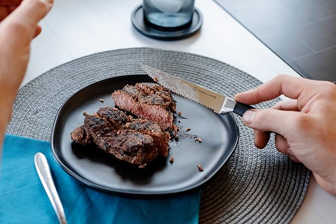 Premium 4-Piece Steak Knife Set – Sharp Serrated Blades, Forged High Carbon Stainless Steel, Full Tang, Ergonomic Handle, Black – Perfect for Dining