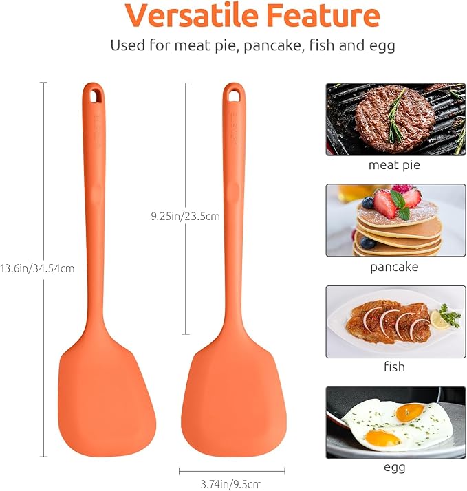 600ºF Heat Resistant Silicone Turner: U-Taste 13.6in Solid Kitchen Spatula Flipper, Food Grade Flexible & Thin Rubber Seamless Cooking Utensil for Flipping Egg, Pancake in Nonstick Cookware (Orange)