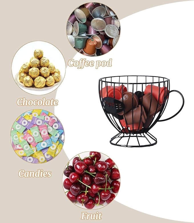 Metal Coffee Pod Holder Wire Coffee Pods Storage Basket Espresso Capsule Storage for Home Kitchen Cafe Hotel (Black cup)