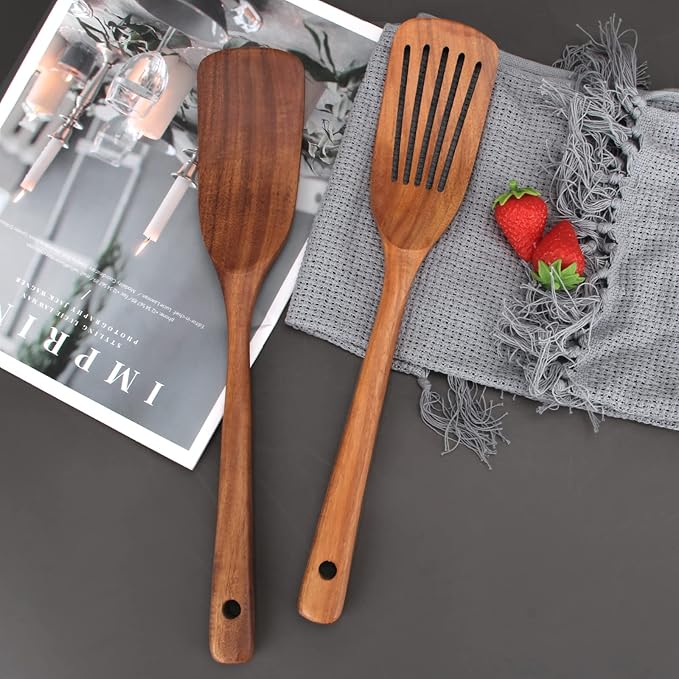2 Pack Wooden Non Toxic Spatulas for Kitchen Utensils Set Acacia Wood Cooking Spatula Flat Wok Pancake Turner Bamboo Slotted Spoon for Cooking Utensil Spurtle Scraper Long Fish Egg Flipper Spatulas