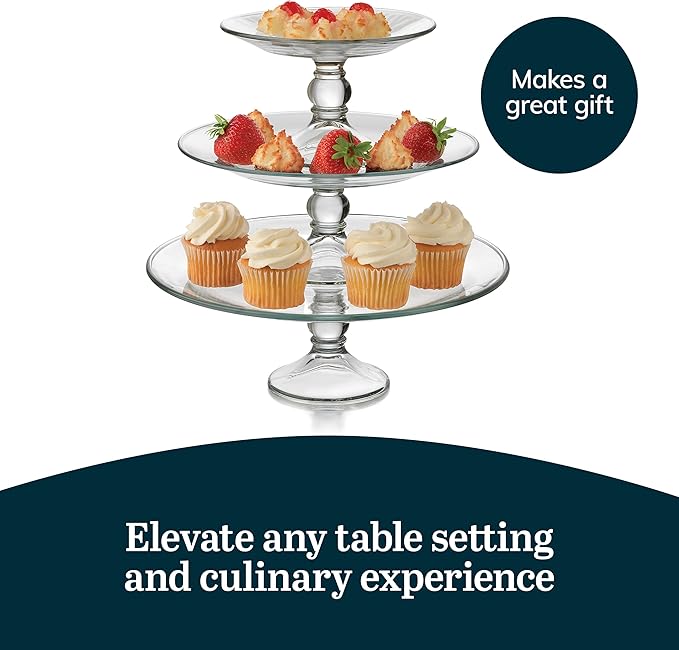 Libbey Selene 3 Tier Serving Stand Set, Elegant, Curvy Style Glass Dessert Stand, Dishwasher Safe 3 Tiered Dessert Stand for Fruit and Candy bowls