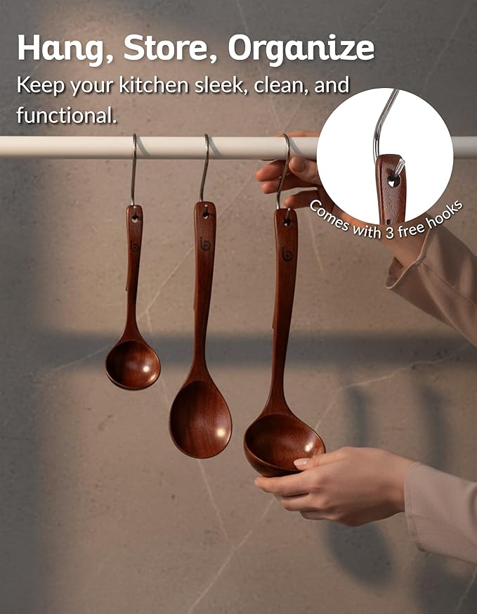 Boxiki Kitchen Luxury Teak Wood Ladle Set of 3 – Chef-Grade, Eco-Friendly Wooden Cooking Utensils with Reinforced Neck Joint & Anti-Slip Notch Handle – Multi-Size, Gift-Ready Ladle Spoons Set