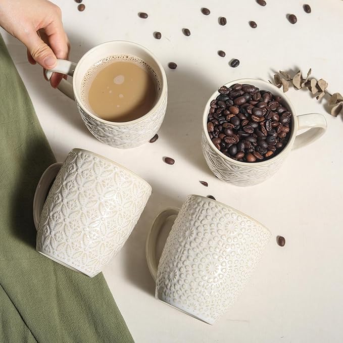 Coffee Mug Set of 4-16 oz Large Ceramic Mugs, Porcelain Embossed Coffee Cups for Cocoa, Tea, Milk, Mocha, Cappuccino - Housewarming Wedding Decoration, Dishwasher Safe, 3.5 x 4.5 inch