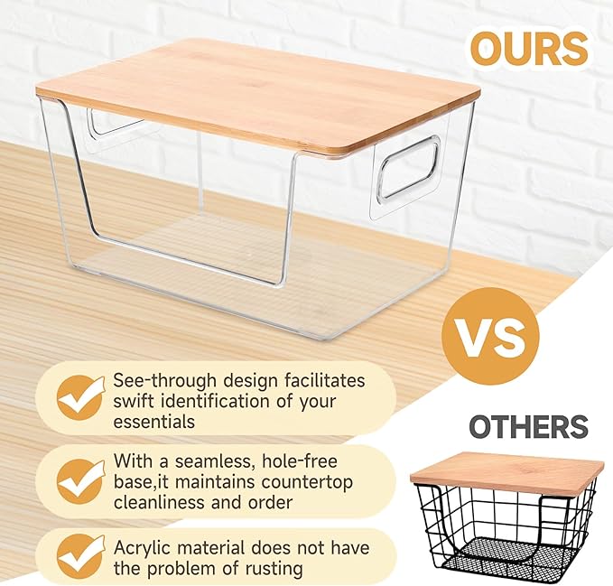 4 Set Pantry Organizer and Storage, Stackable Trash Bag Dispenser Clear Acrylic Kitchen Counter Pantry Baskets for Potato, Onion, Produce, Fruit, Vegetable, Snack, Trash Bag Holder with Bamboo Top