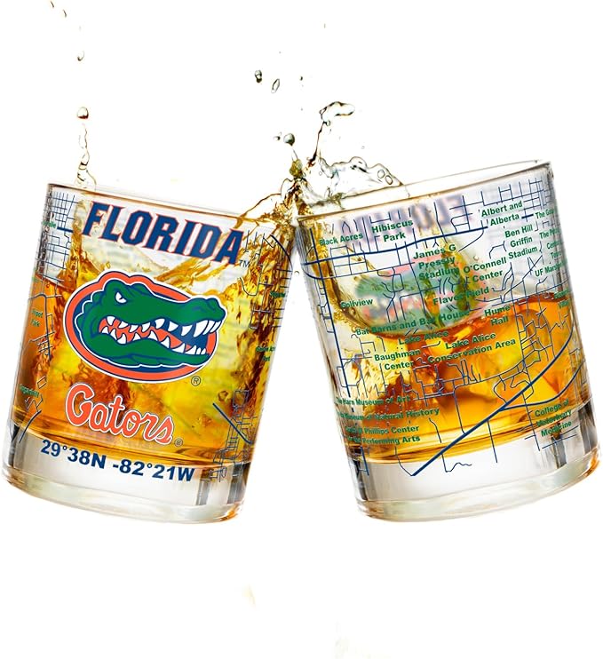 Greenline Goods – University of Florida Gators College Whiskey Glasses (Set of 2), 10 oz – Full-Color Logo + Campus Map
