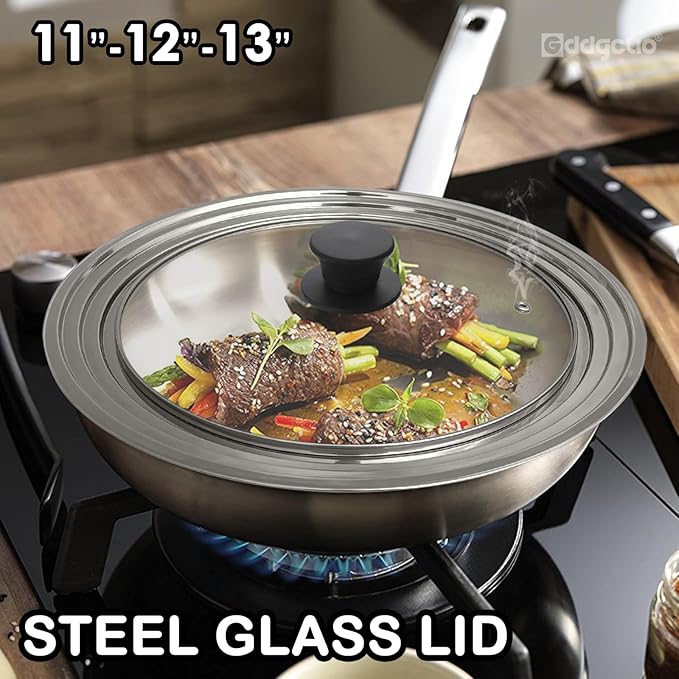 Universal Lid for Pots and Pans, Fits 11", 12" & 13" Diameter Cookware, Replacement Stainless Steel Skillets lids, Heat Resistant Frying Pan lid, Dishwasher Safe