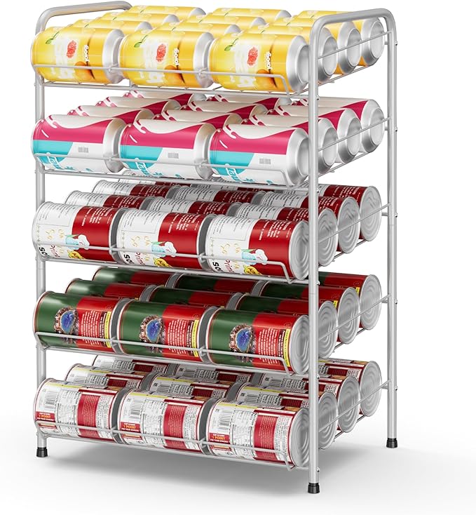 Vrisa Can Organizer for Pantry 5 Tier Canned Food Organizer Can Storage Rack Holds Up to 60 Cans Rolling Soda Soup Vegetable Can Goods Dispenser Shelf for Kitchen Pantry Cabinet, Silver