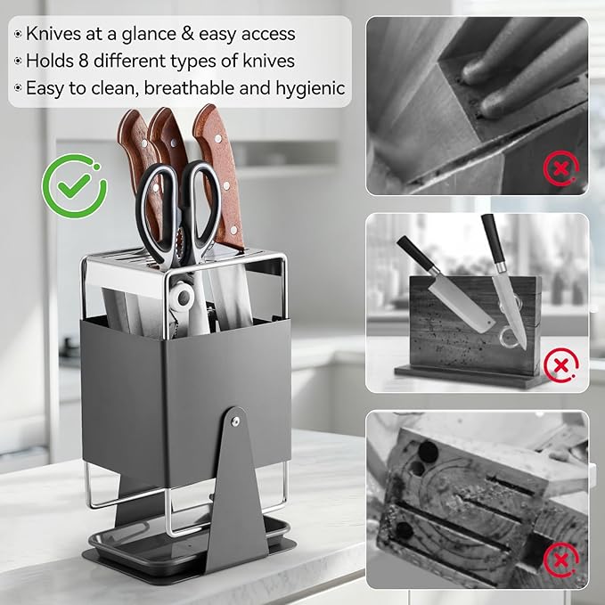 Universal Knife Block Holder - Stainless Steel Knife Holder without Knives for Kitchen Countertop Kitchen, Knife Organizer Holds 8 Knives and 1 Sharpening Steel (Grey)