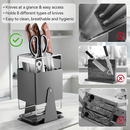 Universal Knife Block Holder - Stainless Steel Knife Holder without Knives for Kitchen Countertop Kitchen, Knife Organizer Holds 8 Knives and 1 Sharpening Steel (Grey)