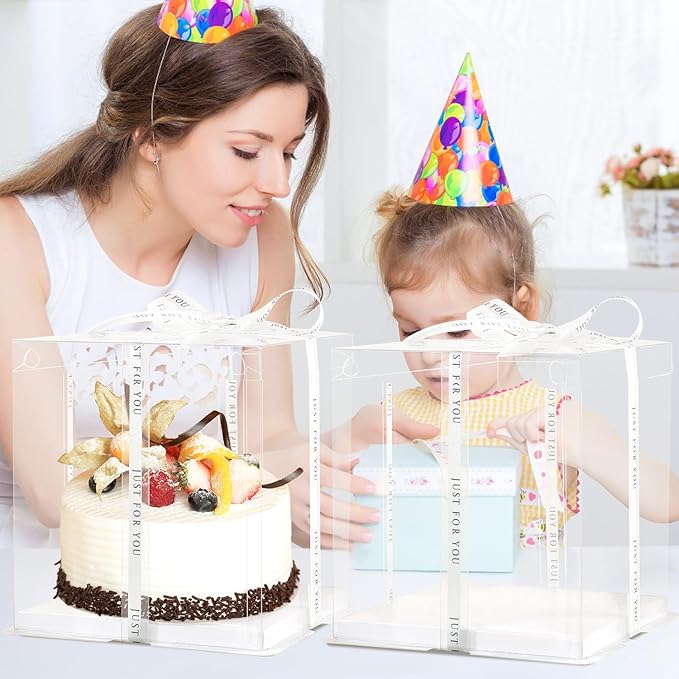 6Pcs 7*7*8inch clear cake boxes with Ribbon, 4inch 5 inch cake box for Bakery Treat,2-Layer Tall Cake Package Boxes,Transparent Gift Display Box with Lid for Birthday Party (Clear Lid, 7*7*8inch/6Pcs)
