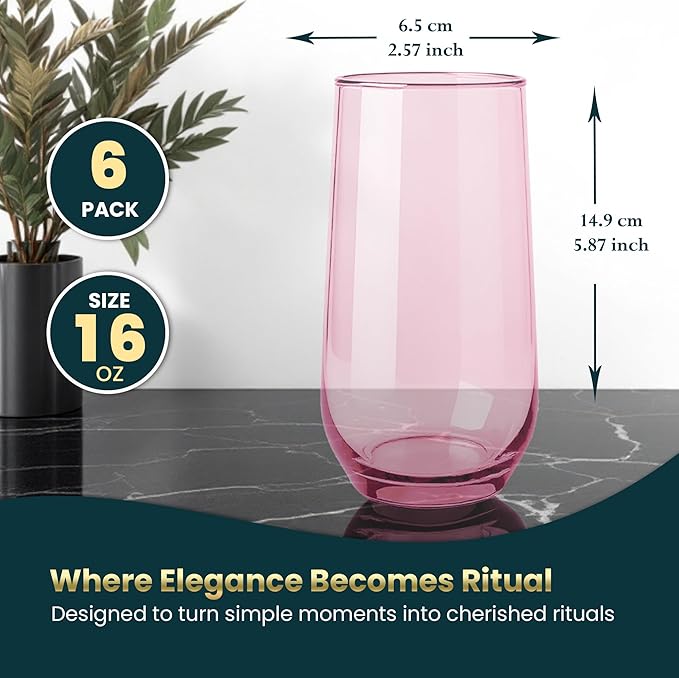 Pink Drinking Glasses Set of 6 | 16 oz Pink Glass Cups for Cocktails, Barware, Juice, Ice Tea, Water, Tumblers & Highball | Elegant Drinkware for Parties and Everyday Use