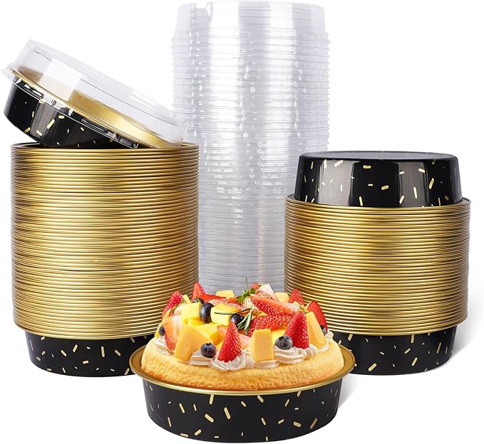 Beasea Pie Tins with Lids 8oz, 120 Pack 4 Inch Disposable Mini Creme Brulee Ramekins Gold Black Small Aluminum Foil Pie Tart Cake Baking Pans Individual Round Containers Oven Safe for Baking