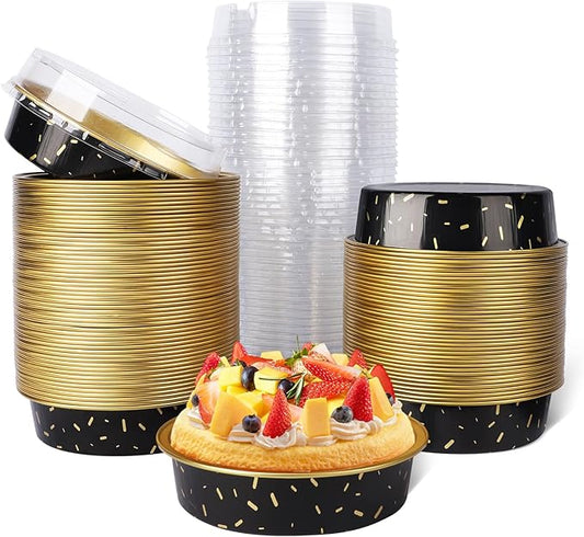 Beasea Pie Tins with Lids 8oz, 120 Pack 4 Inch Disposable Mini Creme Brulee Ramekins Gold Black Small Aluminum Foil Pie Tart Cake Baking Pans Individual Round Containers Oven Safe for Baking