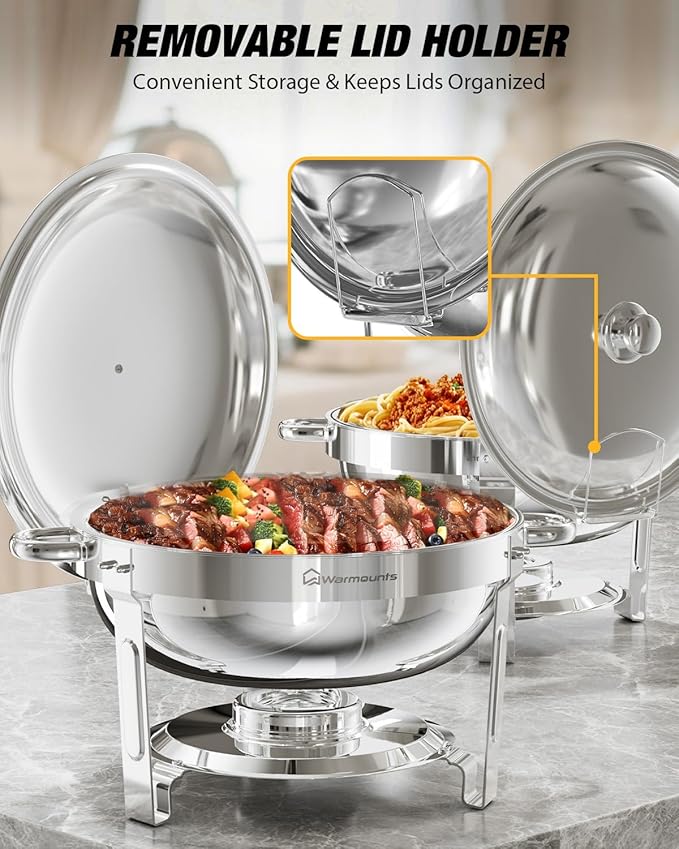 Round Chafing Dishes for Buffet, 5QT 4 Pack Chafers and Buffet Warmers Set with Mirror-Polished Stainless Steel, Rolled Rim, Stackable, Lid Holder for Parties, Catering, Weddings