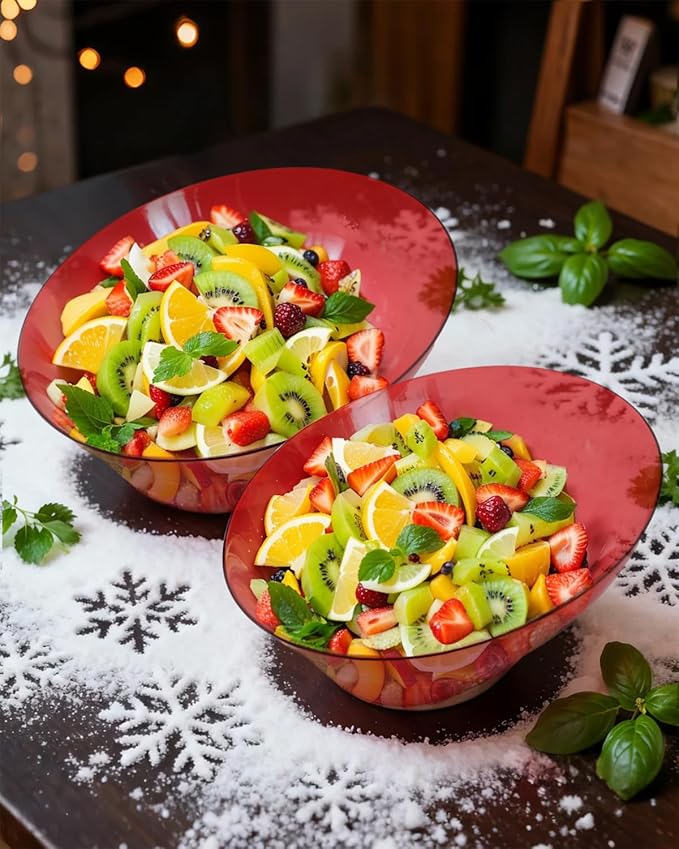 bUCLA 12 Pack Clear Red Plastic Serving Bowls - 54 OZ Christmas Angled Serving Bowls Disposable for Chip, Candy, Salad & Fruit - Ideal for X’mas Party