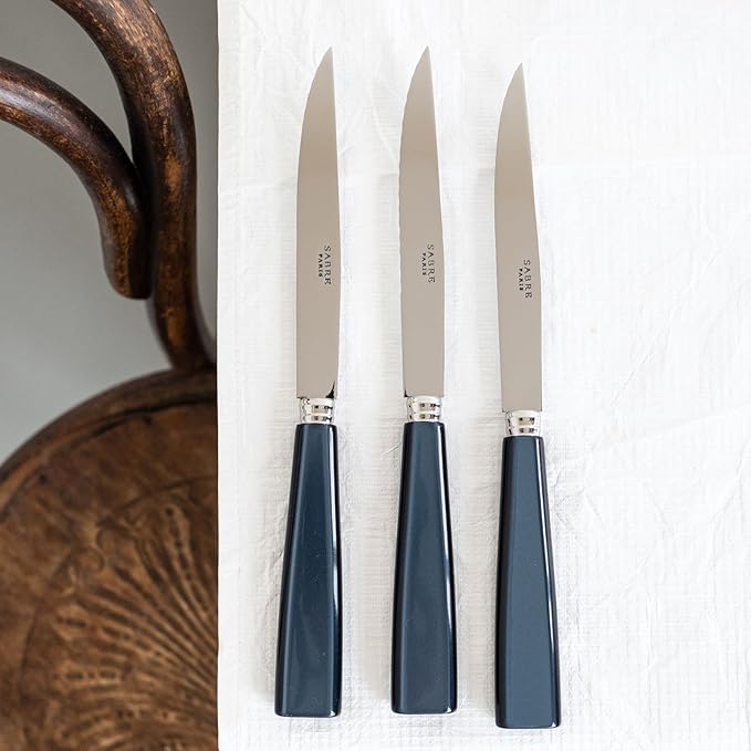 Set of 6 Serrated Steak Knives - Icône Collection - Meat Knives - Stainless Steel & Acrylic - Dishwasher Safe - Midnight Blue