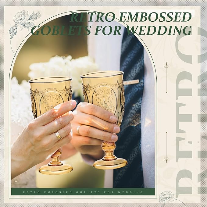 6 Pcs Plastic Goblets 7.5oz Vintage Goblet Plastic Wine Glasses Colored Retro Embossed Water Goblets for Wine Bar Juice Baby Shower Wedding Reception Grand Event Party (Amber)