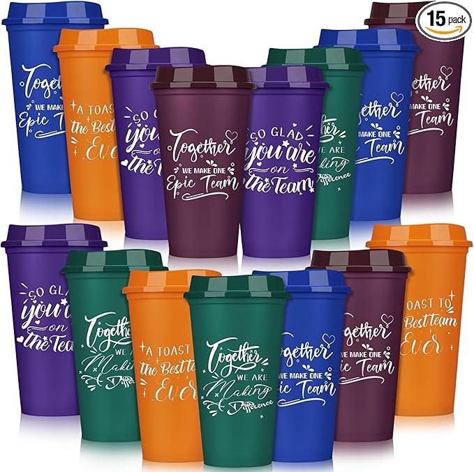 Pickmesh 15 Pcs Employee Appreciation Gifts Christmas Thank You Gift for Team Building 16 oz Teacher Plastic Coffee Cup with Lid Inspirational Travel Tumbler for Coworker Staff Pastor (Multicolor)
