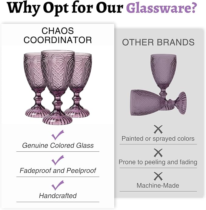 Chaos Coordinator Purple Wine Glasses set of 6, wine glasses, vintage colored glassware, colored drinking glasses for a baby shower, wedding, birthday,or fancy glassware for everyday.