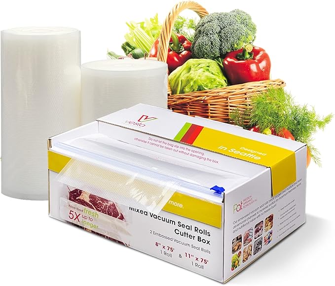 Vacuum Sealer Roll (8” x 75’ and 11” x 75’) Keeper with Cutter - Premium Seal Bags for Food Saver, Ideal for Meal Prep, Sous Vide, and Storage, Vesta Precision
