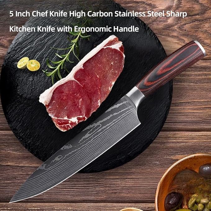 Utility Knife, 5 Inch Chef Knife, Professional Japanese Chef Knives High Carbon Stainless Steel Ultra, Sharp Knives with Ergonomic Color Wooden Handle for Cooking Meat, Fruits, Vegetables.