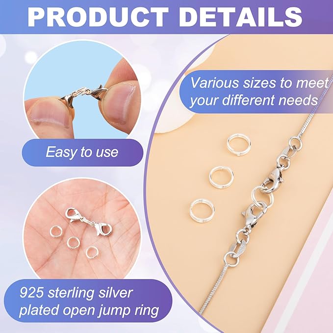 4pcs Jump Rings for Jewelry Making, 925 Sterling Silver Split Jump Ring, 4/5/6/8mm Double Loops Small Key Rings Open Connector Closures for Necklace Bracelets Jewelry Marking