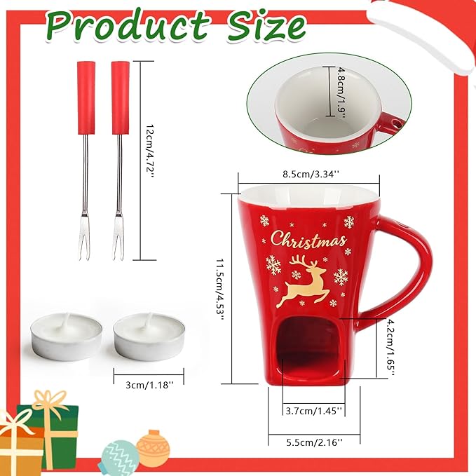 HANEVEAR Chocolate Fondue Mug, Mini Chocolate Melting Mug with 2 Forks and 2 Tealights, Ceramic Fondue Cup with Festive Holiday Pattern for Cheese, Butter - Birthday, Christmas, Wedding Gift (Red)