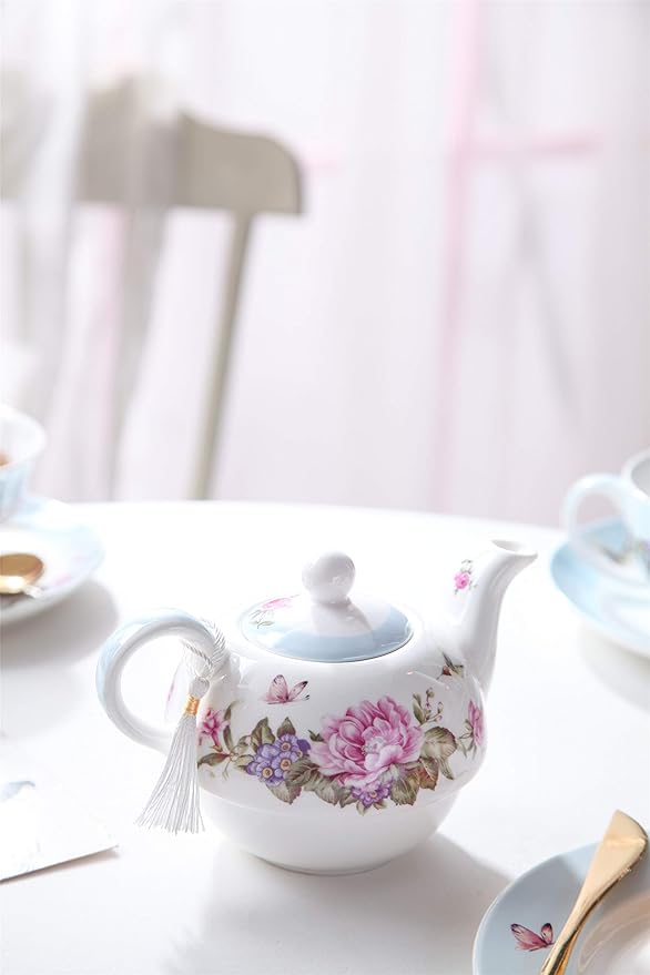London Boutique Tea for One Teapot Cup Saucer Set Vintage Bird Rose Butterfly Flora New Bone China Gift Box (Blue)