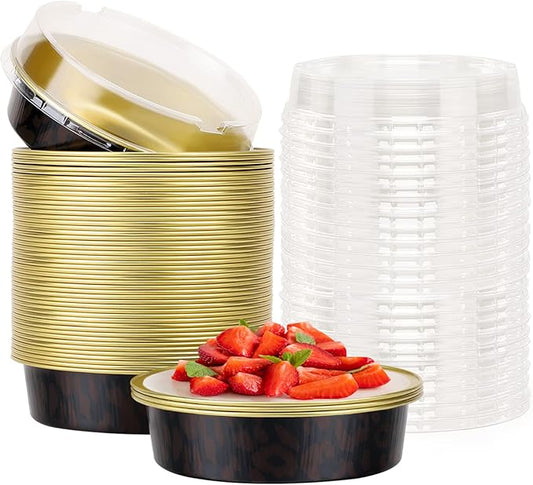 Beasea 50 Pack 4” Mini Pans with Lids, 8oz Disposable Aluminum Baking Foil Tins Round Small Dark Red Spot Container for Individual Cupcake Dessert Muffin Ramekin Cheesecake Quiche Oven Dishes