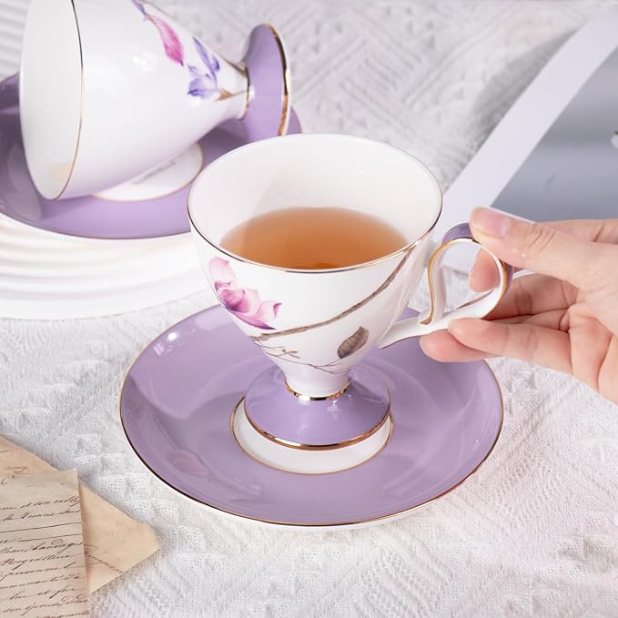 KAMMAK Ceramic Tea Cup and Saucer Set with Gold Trim, Purple Hibiscus & Iris Flower Pattern Cup and Saucer, 240ml Elegant Coffee Cup for Afternoon Tea, Gift for Women