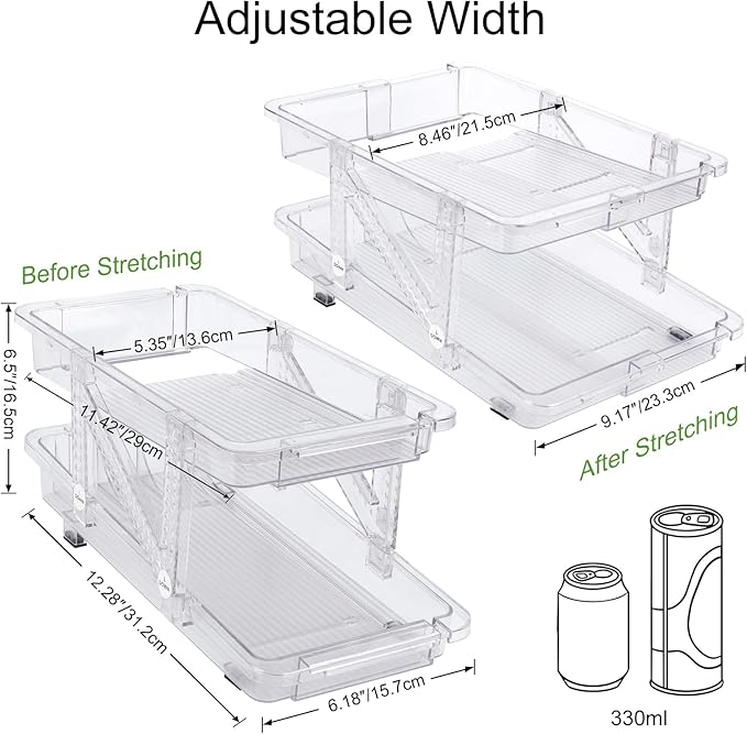 2 Pack Drink Organizer for Refrigerator, Soda Can Dispenser, Adjustable Width Canned Food Pop Cans Container Beverage Holder for Fridge Organizing, Clear Plastic Storage Bins