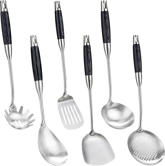 FJNATINH Kitchen Utensils Set - Wok Utensil - Wok Tools - 6 Pieces Ebony Wooden Handle Cooking Tools with Wok Spatula, Soup Ladle, Skimmer Spoon, Slotted Spatula Turner, Spaghetti Server, Solid Spoon