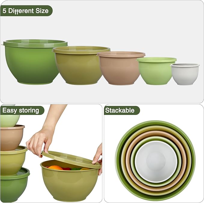 5-Piece Plastic Mixing Bowls with Lids Set for Kitchen, Nesting Bowls for Mixing, Baking, Prepping, Cooking and Serving Food, Mixing Bowls Dishwasher, Microwave Safe (5 Set-Green)