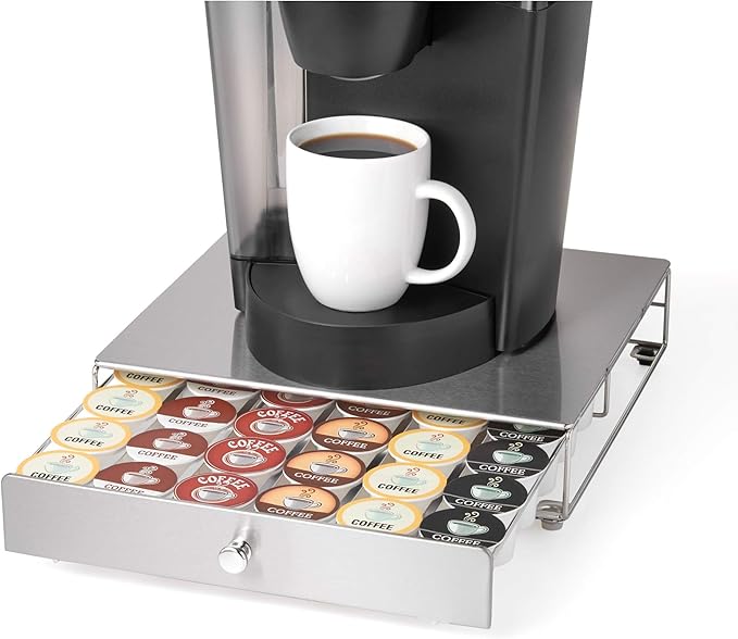Nifty Coffee Pod Drawer – Stainless-Steel, Compatible with K-Cups, 36 Pod Pack Holder, Rolling Drawer, Under Coffee Pot Storage Sliding Drawer, Home Kitchen Counter Organizer
