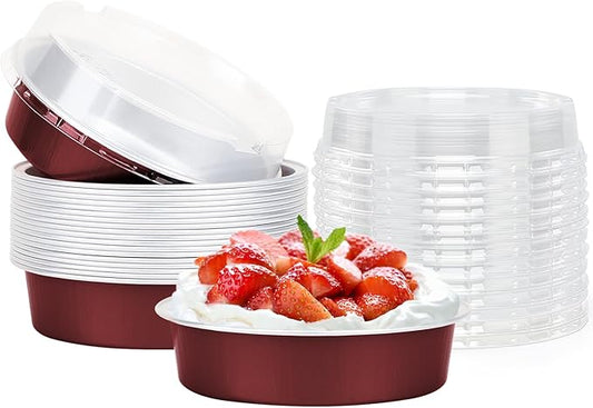 Beasea Disposable Mini Pie Tins with Lids, 20 Pack 4” 7.3oz 215ml Small Round Aluminum Baking Tart Foil Container for Individual Dessert Cupcake Cheesecake Ramekin Quiche Oven Dishes - Wine Red