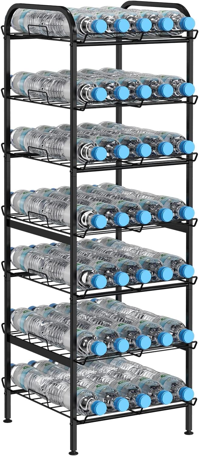 Water Bottle Organizer 7 Tier Freestanding Water Bottle Storage Organizer Metal Bottle Rack Holder Stand Shelf for Kitchen Pantry Food Storage (Black)