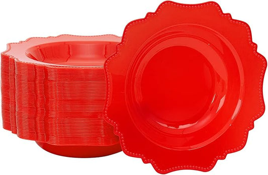 COLOSUS Red Plastic Party Bowls (60 Pack) 12 Oz Disposable Soup/Salad Bowl, Fancy Shatterproof Dinnerware for Catering, Holidays, Weddings, and Everyday Use