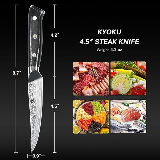 KYOKU Damascus Non-Serrated Steak Knives Set of 4 - Shogun Series - Japanese VG10 Steel - with Sheath & Case