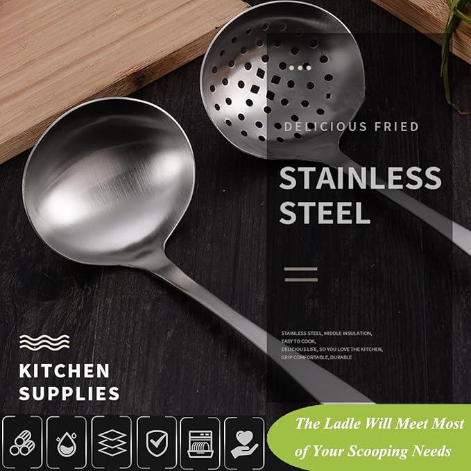 Stainless Steel Soup Ladle,Serving Ladle Scoop And Slotted Spoon Set Of 2 with Hook and Hole for Easy Hanging,Cooking Utensils Set for Kitchen