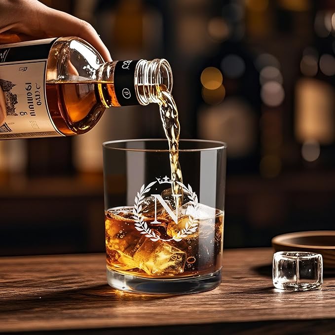 Personalized Whiskey Glasses Gifts for Men, Monogrammed Engraved A-Z 10.6 oz Rocks Glass Customized Gift, Unique Christmas Birthday Gifts for Men Him Dad Husband Brother Son (N)