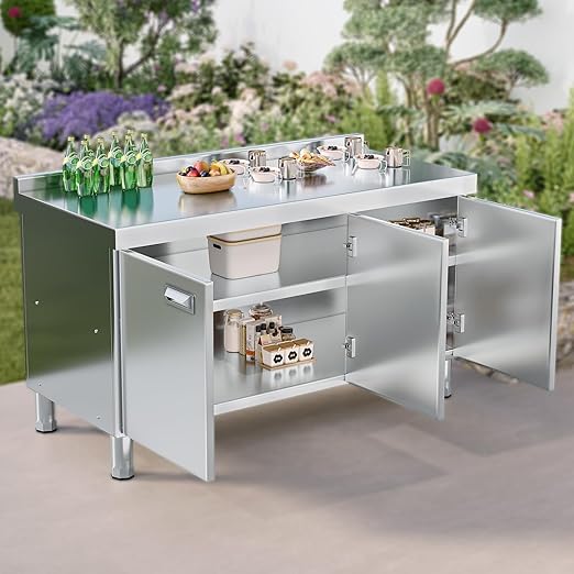 WWK 59" Stainless Steel Table with Cabinet, Commercial Kitchen Table for Prep & Work, Heavy Duty Kitchen Cabinet with 3 Doors for Restaurant, Hotel, Garage, Cafe and Outdoor