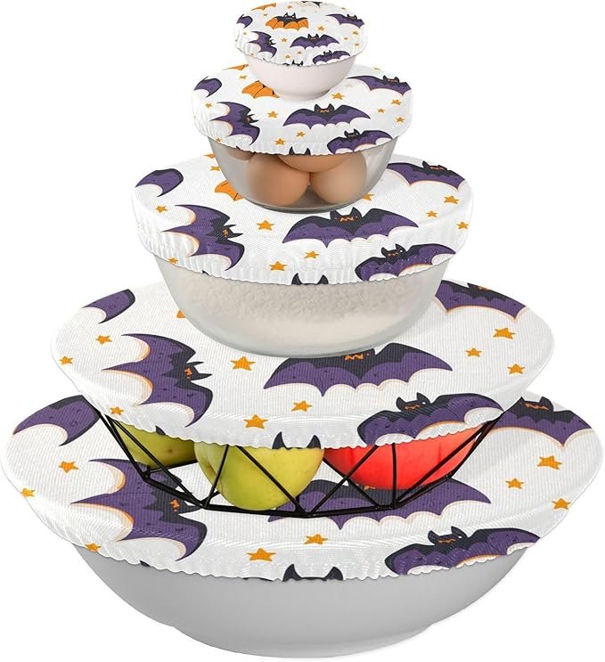 5 Pcs Bowl Covers Reusable in 5 Size Elastic Food Cover Cloth Lids Fresh Keeping Dish Cookware Bakeware Fabric Covers Lids for Food Leftovers Fruits Storage White Halloween Bats and Stars