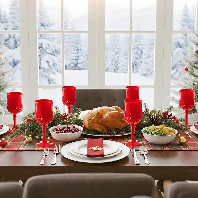 JLYLOL Plastic Vintage Wine Glasses 7OZ Plastic Goblets Vintage Drinking Glasses 48PCS Retro Wedding Glassware Water Goblets Reusable Drinking Cups for Party,Reception,Celebration,Bar,Whiskey(Red)