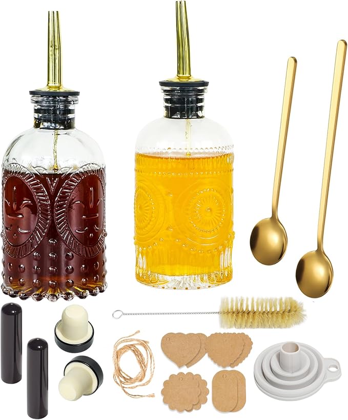 Oudizz Coffee Syrup Dispenser Set 2 Pcs - 200ml Syrup Dispenser Glass With Metal Pour Spout for Coffee Bar for Kitchen