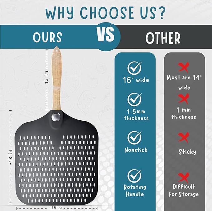 Pizza Peel 16 inch,16" Wx 18" L, Aluminum pizza peel with Foldable Wood Handle and Storage Bag, Non-perforated (16 inch Perforated)