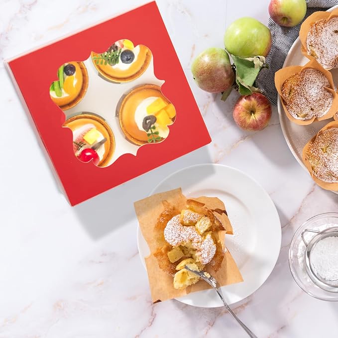 20 PCS 6.5 x 6.5 x 4 inch Paper, Cupcake Boxes with Inserts and Window Hold 4 Cupcakes, Bakery Boxes For Cupcakes Carrier, Cupcake Containers (Pink - 4 Holes)