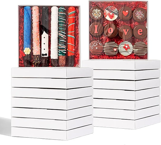 RomanticBaking 24Pack 8x8x1½ Inch Cookies Boxes with Full Clear Window Cakesicle Boxes Chocolate Covered Pretzel Rods Boxes Bakery Boxes Macaron Boxes