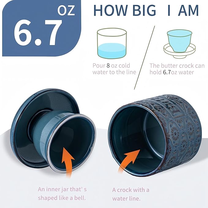 Ceramic Butter Crock with Lid, French Butter Dish with Water Line for Countertop, Butter Keeper for Spreadable Butter, Container Holder for Kitchen and Home Decor, 6.7 OZ, Vintage Blue